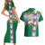 Merry Christmas Couples Matching Short Sleeve Bodycon Dress and Hawaiian Shirt Funny Santa Claus Cards Photo and Polynesian Pattern Green Color