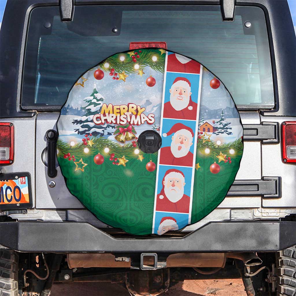 Merry Christmas Spare Tire Cover Funny Santa Claus Cards Photo and Polynesian Pattern Green Color