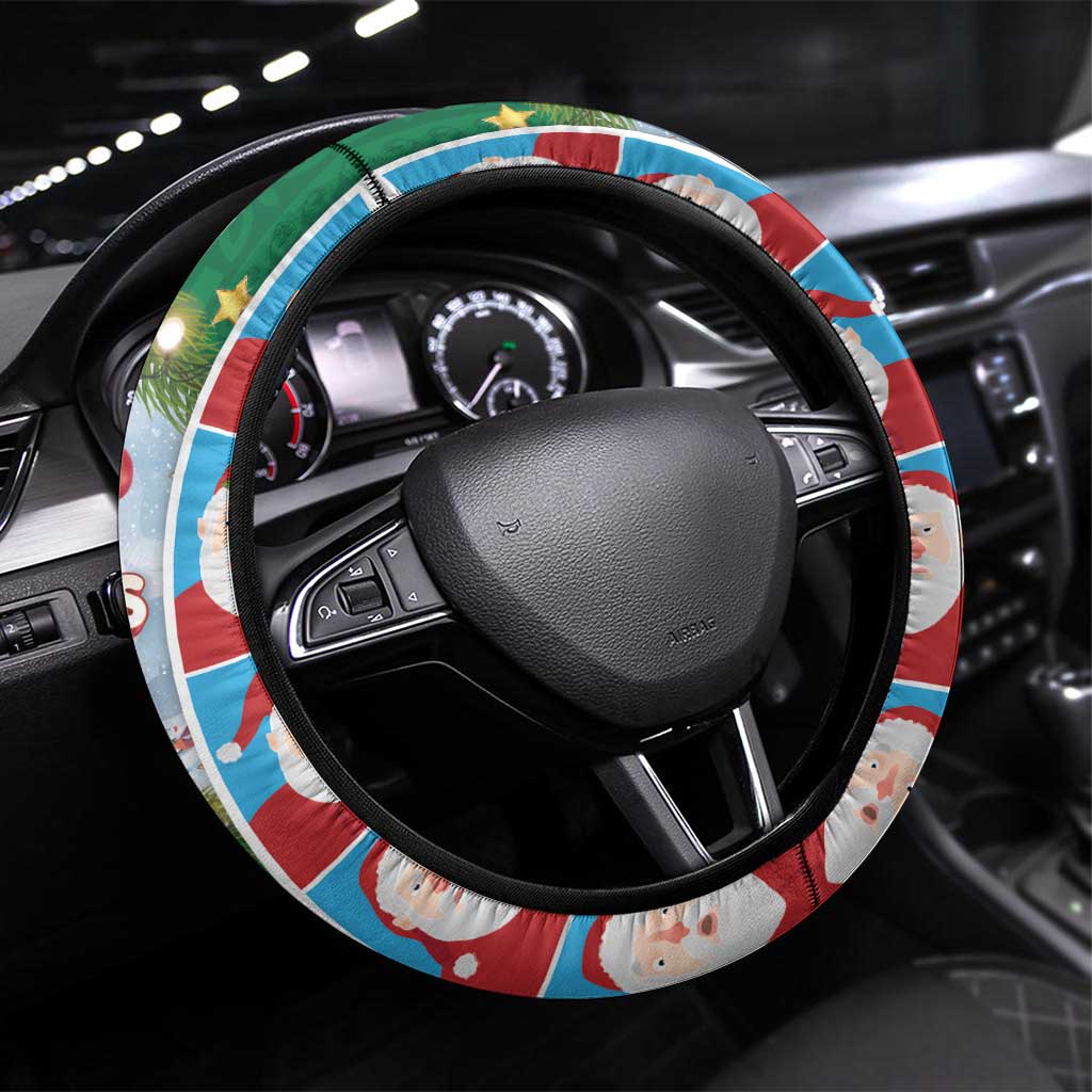 Merry Christmas Steering Wheel Cover Funny Santa Claus Cards Photo and Polynesian Pattern Green Color