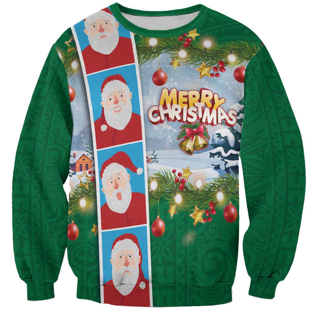 Merry Christmas Sweatshirt Funny Santa Claus Cards Photo and Polynesian Pattern Green Color LT03 Unisex Green - Polynesian Pride