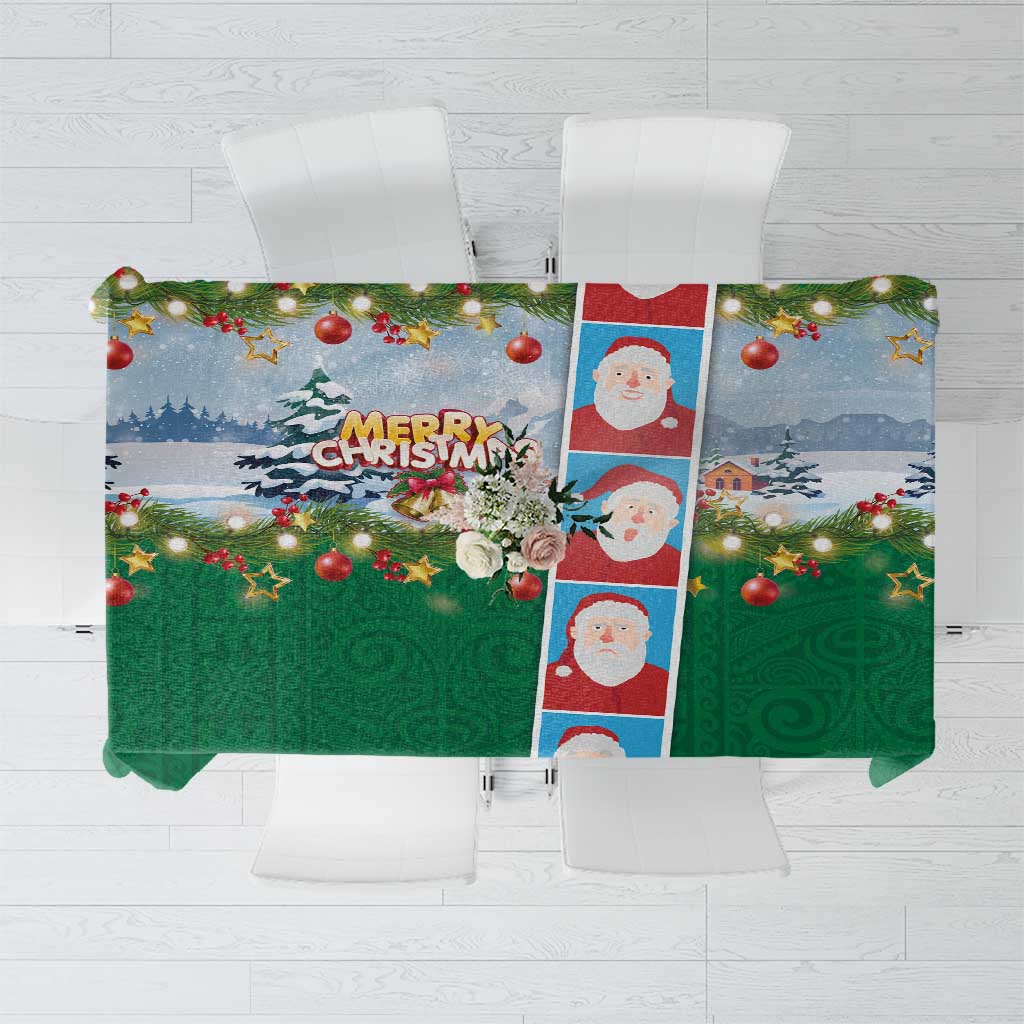 Merry Christmas Tablecloth Funny Santa Claus Cards Photo and Polynesian Pattern Green Color