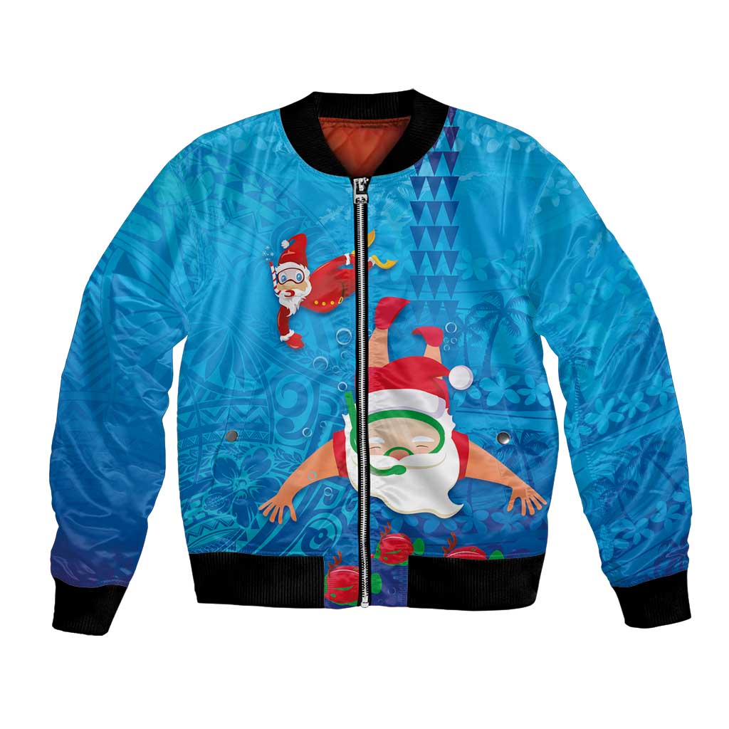 Hawaiian Santa Claus Snorkeling Bomber Jacket Kakau and Polynesian Pattern LT03 Unisex Blue - Polynesian Pride