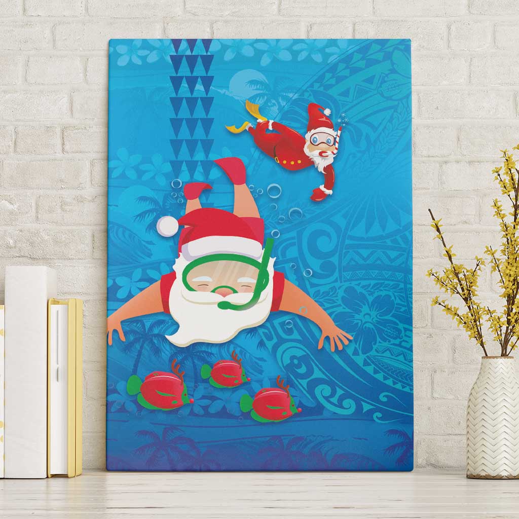 Hawaiian Santa Claus Snorkeling Canvas Wall Art Kakau and Polynesian Pattern LT03 Without Frame Blue - Polynesian Pride