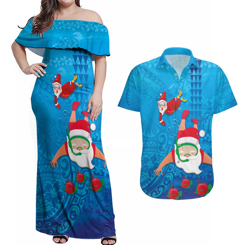 Hawaiian Santa Claus Snorkeling Couples Matching Off Shoulder Maxi Dress and Hawaiian Shirt Kakau and Polynesian Pattern