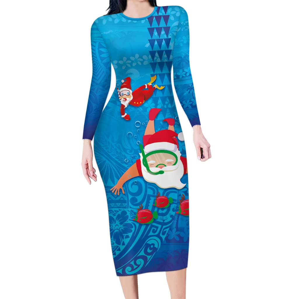 Hawaiian Santa Claus Snorkeling Long Sleeve Bodycon Dress Kakau and Polynesian Pattern LT03 Long Dress Blue - Polynesian Pride