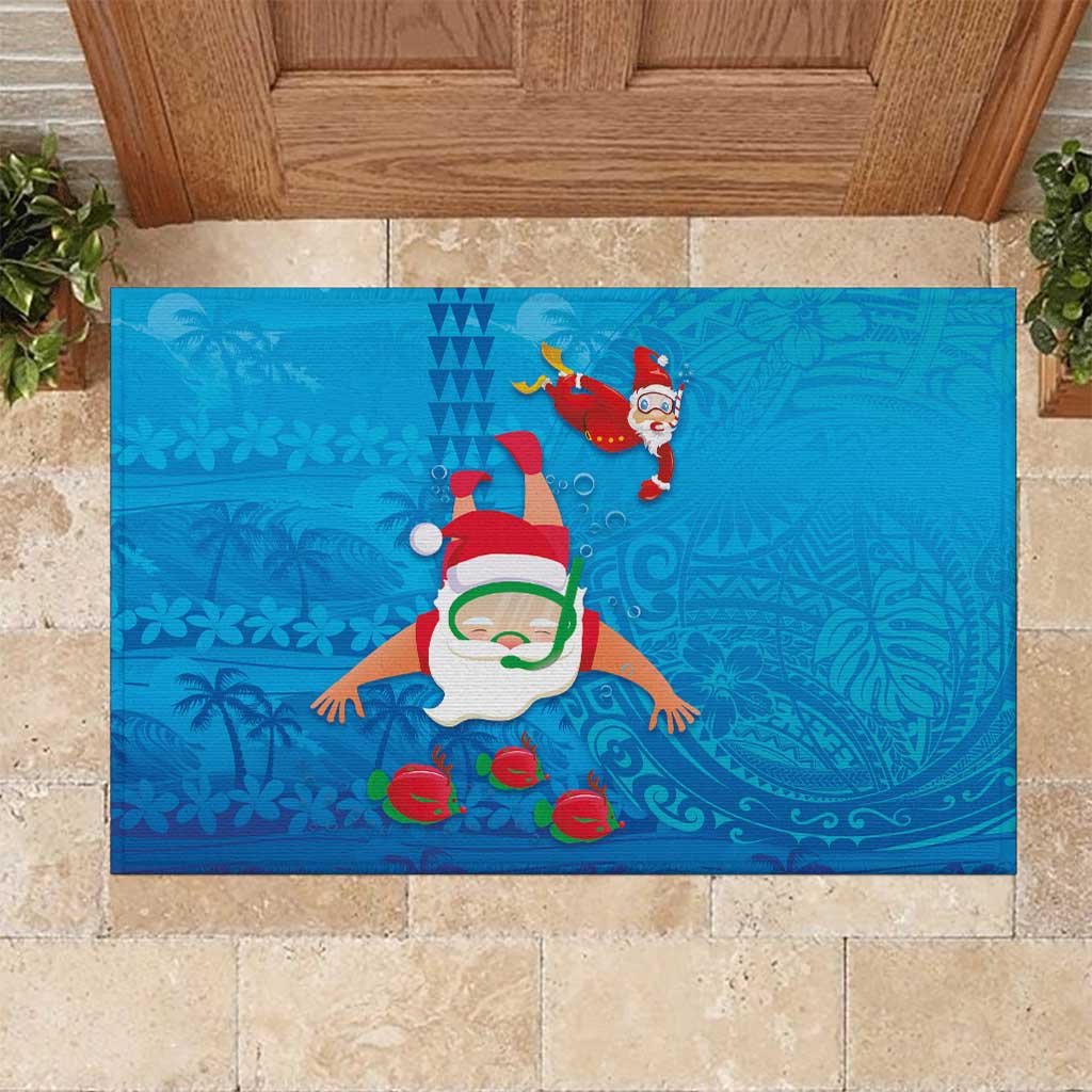 Hawaiian Santa Claus Snorkeling Rubber Doormat Kakau and Polynesian Pattern LT03 Blue - Polynesian Pride