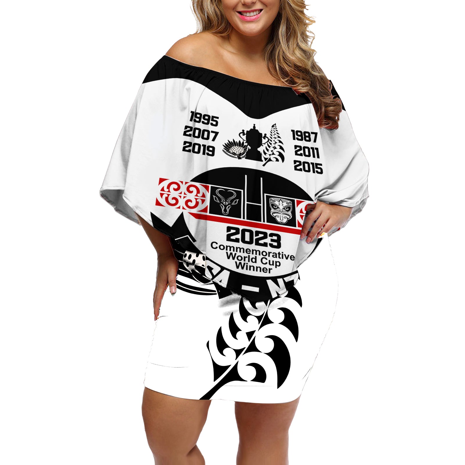 South Africa and New Zealand Off Shoulder Short Dress Champion History Go Final 2023 Vintage Style LT03 Women White - Polynesian Pride