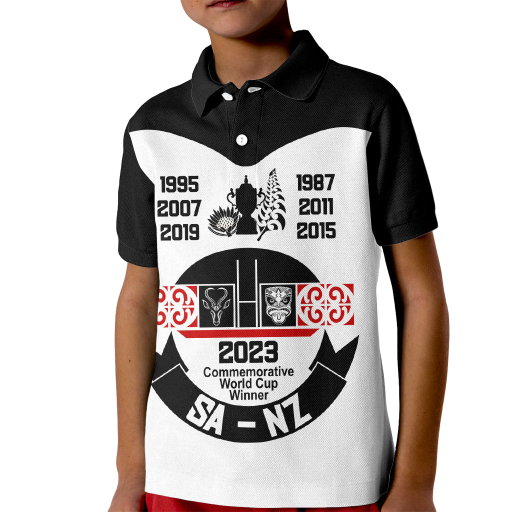 Personalised South Africa and New Zealand Kid Polo Shirt Champion History Go Final 2023 Vintage Style LT03 Kid White - Polynesian Pride