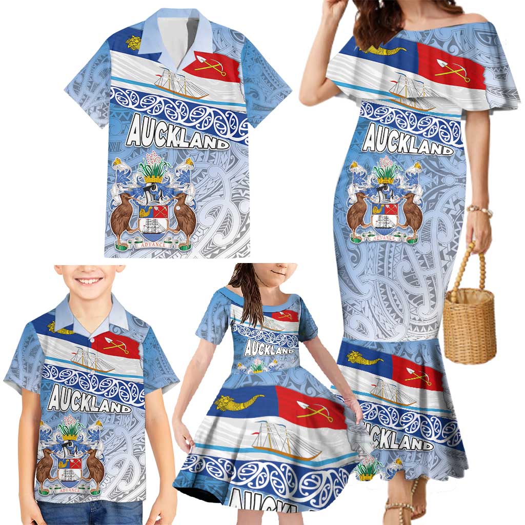 New Zealand Auckland Family Matching Mermaid Dress and Hawaiian Shirt Auckland's Flag and Coat of Arms - Koru Art Maori Pattern