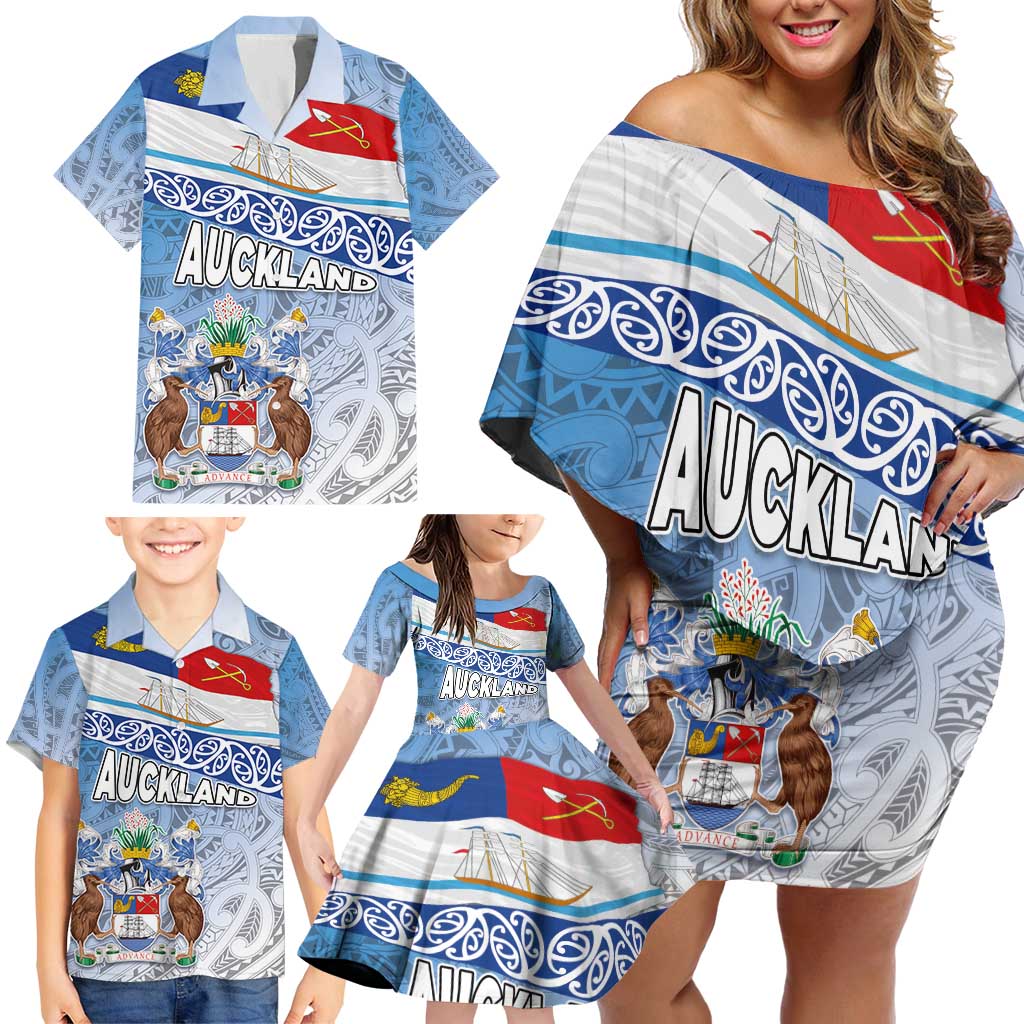 New Zealand Auckland Family Matching Off Shoulder Short Dress and Hawaiian Shirt Auckland's Flag and Coat of Arms - Koru Art Maori Pattern