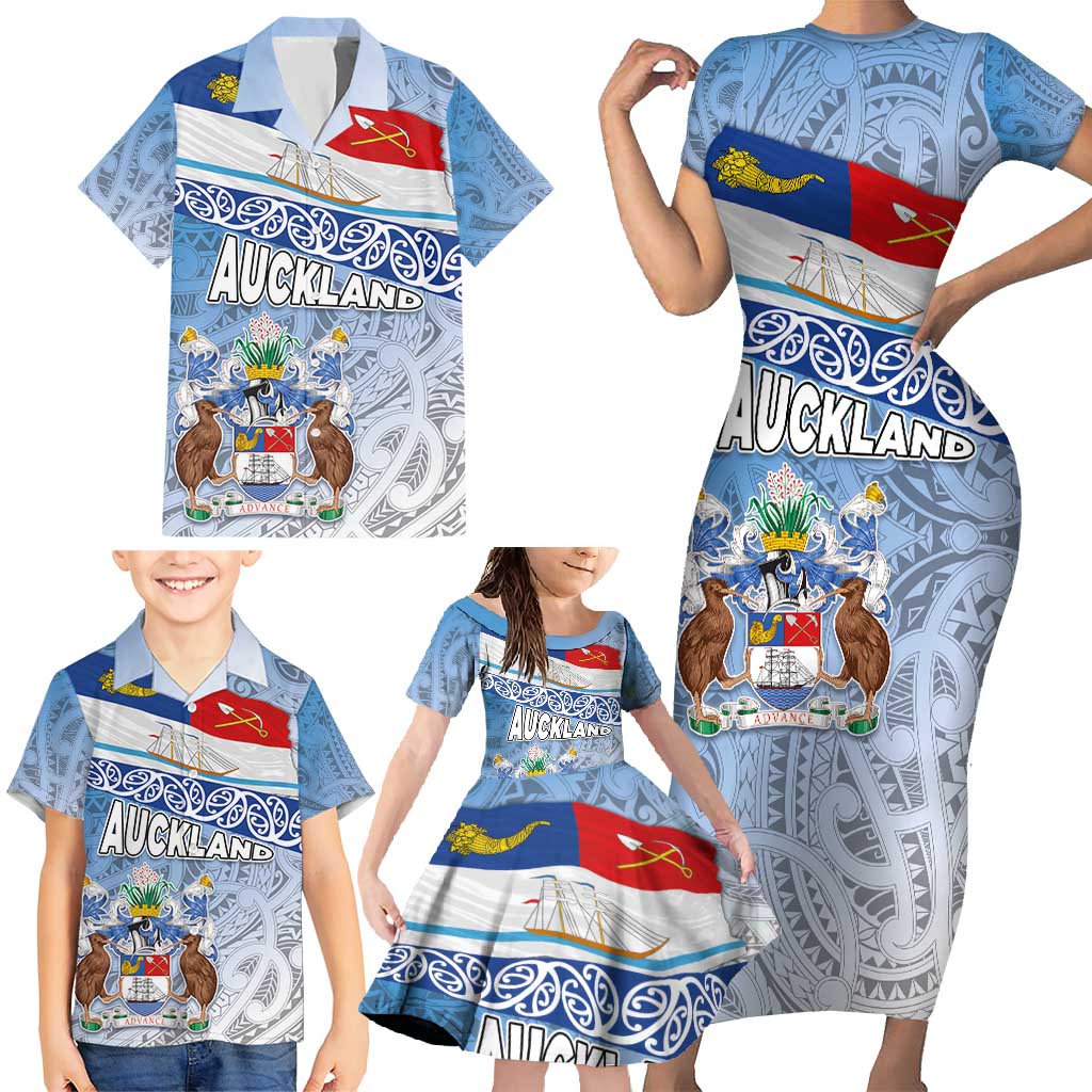 New Zealand Auckland Family Matching Short Sleeve Bodycon Dress and Hawaiian Shirt Auckland's Flag and Coat of Arms - Koru Art Maori Pattern