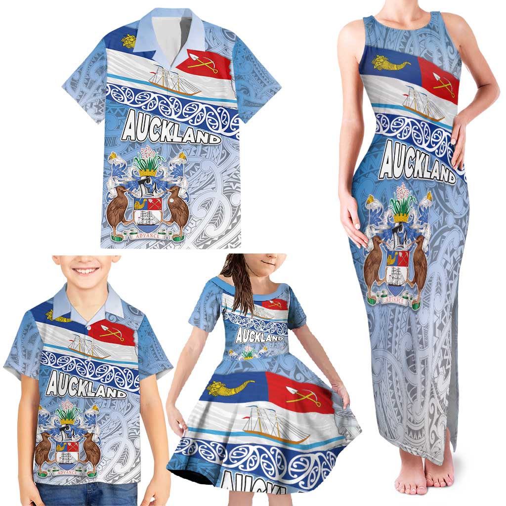 New Zealand Auckland Family Matching Tank Maxi Dress and Hawaiian Shirt Auckland's Flag and Coat of Arms - Koru Art Maori Pattern