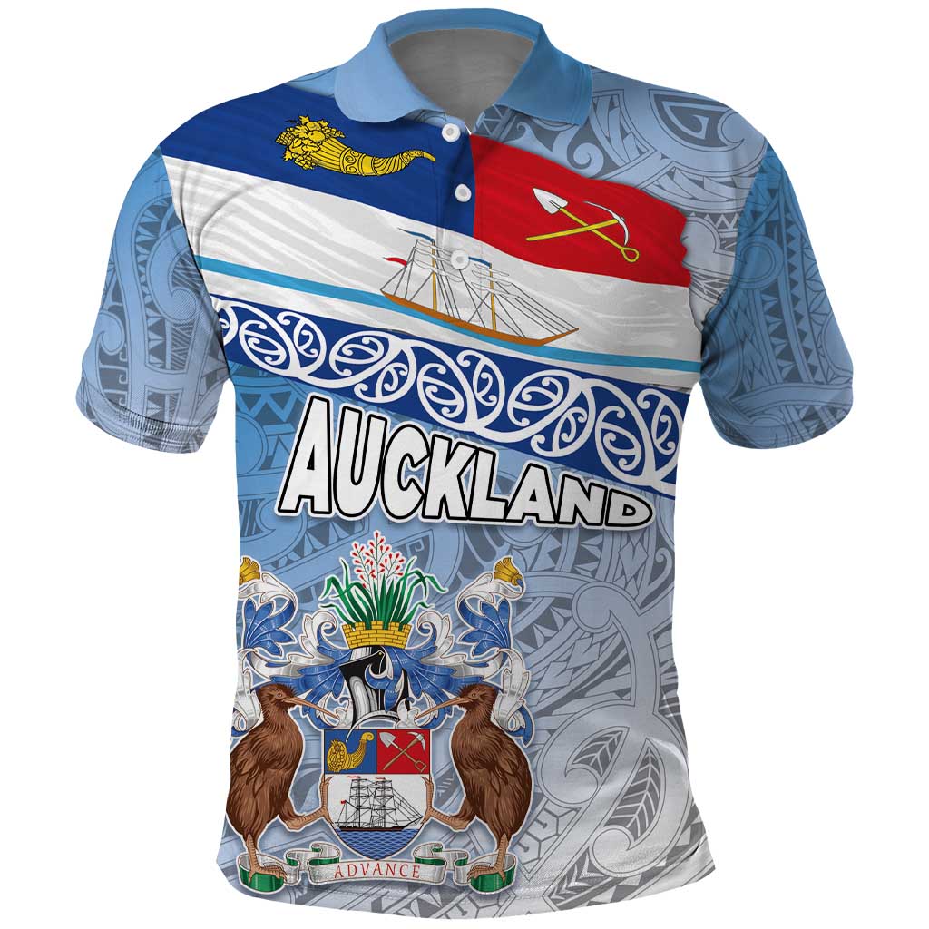 New Zealand Auckland Polo Shirt Auckland's Flag and Coat of Arms - Koru Art Maori Pattern LT03 Light Blue - Polynesian Pride