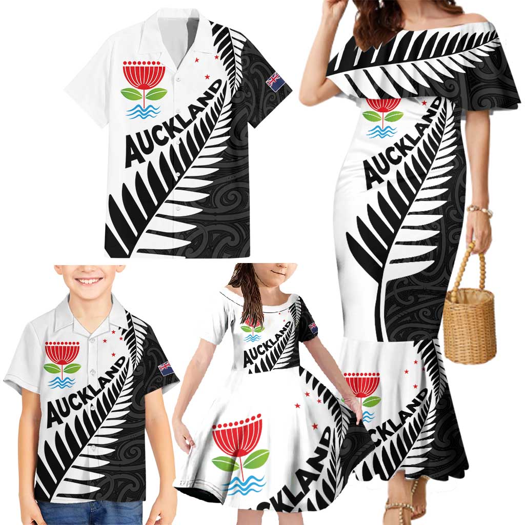 New Zealand Auckland Family Matching Mermaid Dress and Hawaiian Shirt Auckland's Emblem and Silver Ferns - Maori Art Tattoo