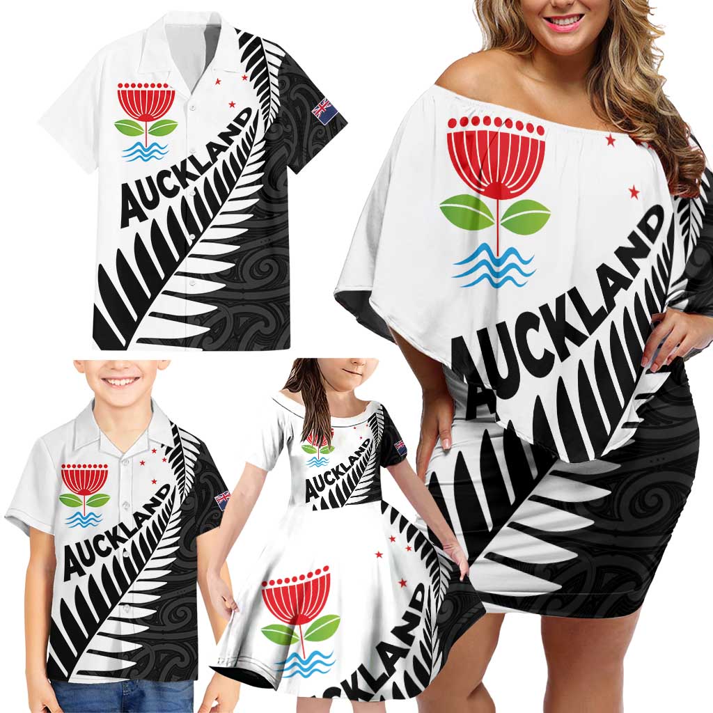 New Zealand Auckland Family Matching Off Shoulder Short Dress and Hawaiian Shirt Auckland's Emblem and Silver Ferns - Maori Art Tattoo