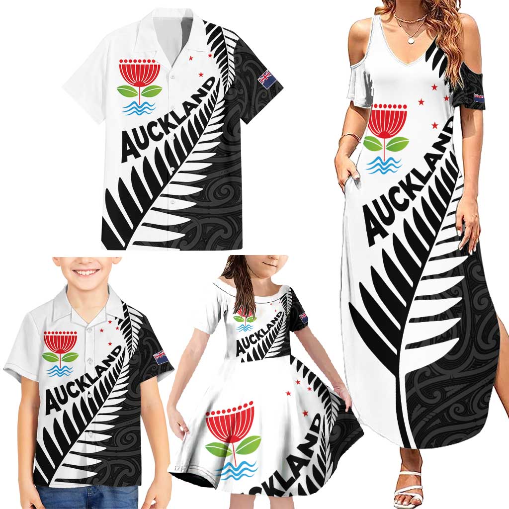 New Zealand Auckland Family Matching Summer Maxi Dress and Hawaiian Shirt Auckland's Emblem and Silver Ferns - Maori Art Tattoo