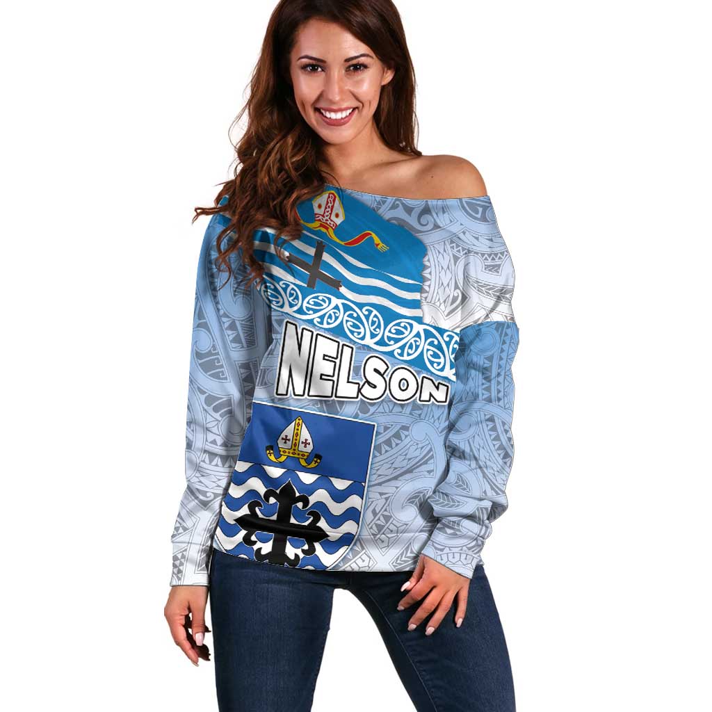 New Zealand Nelson Off Shoulder Sweater Nelson's Flag and Seal - Maori Art Tattoo LT03 Women White - Polynesian Pride