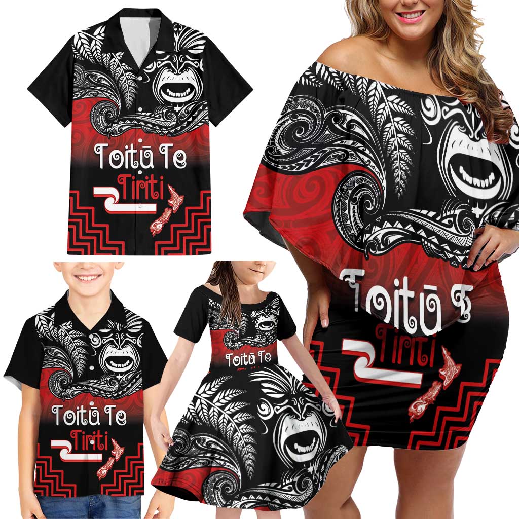 Aotearoa Toitu Te Tiriti Family Matching Off Shoulder Short Dress and Hawaiian Shirt New Zealand Honour the Treaty - Fight Together