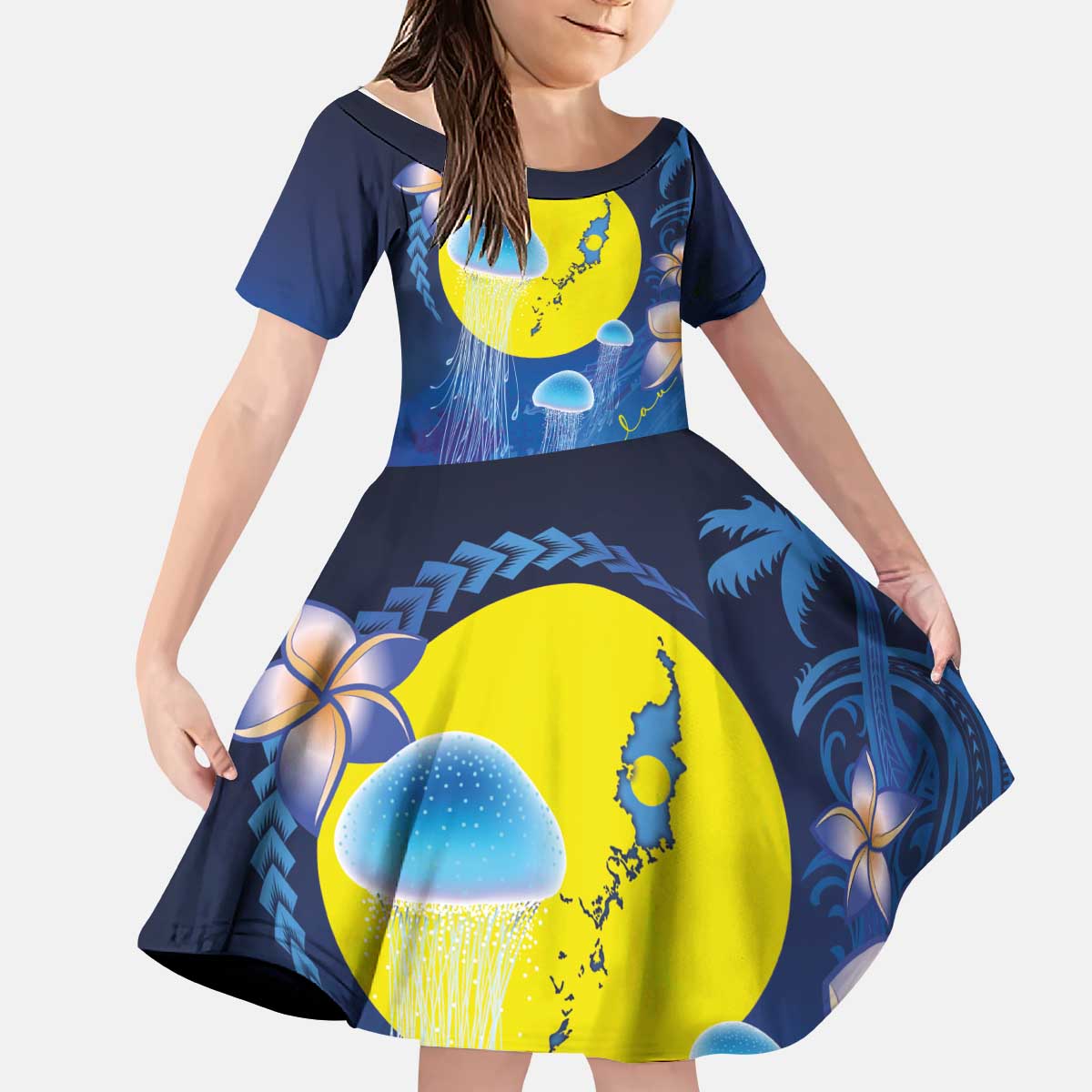 Palau Jellyfish Kid Short Sleeve Dress Ocean Heritage Tropical Plants LT03 KID Blue - Polynesian Pride
