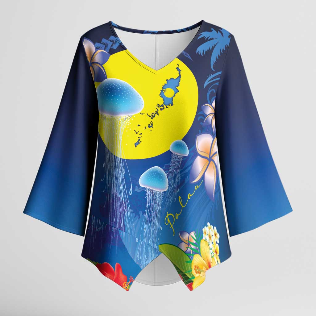 Palau Jellyfish Kimono Sleeve Blouse Ocean Heritage Tropical Plants LT03 Female Blue - Polynesian Pride