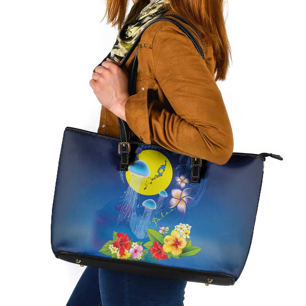 Palau Jellyfish Leather Tote Bag Ocean Heritage Tropical Plants LT03 Blue - Polynesian Pride