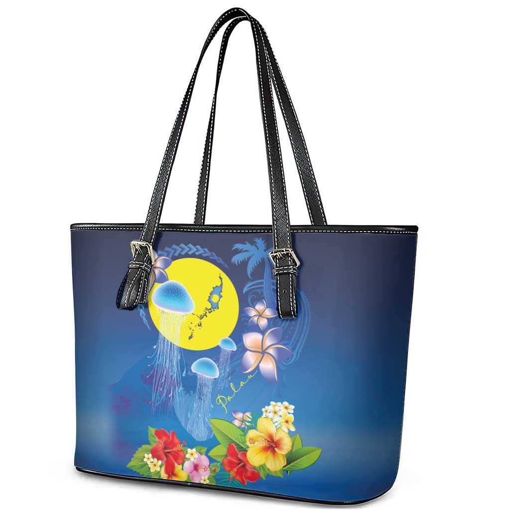 Palau Jellyfish Leather Tote Bag Ocean Heritage Tropical Plants LT03 - Polynesian Pride