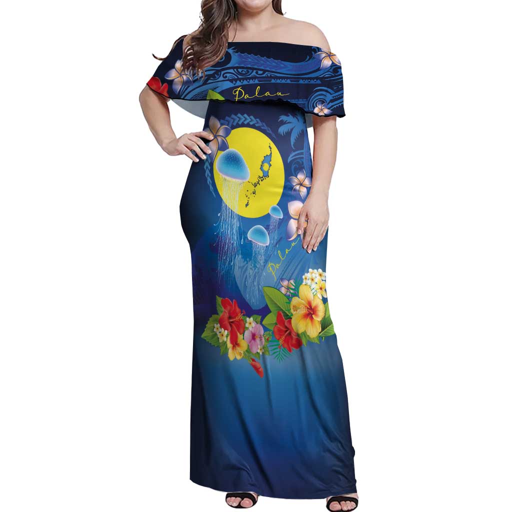 Palau Jellyfish Off Shoulder Maxi Dress Ocean Heritage Tropical Plants LT03 Women Blue - Polynesian Pride