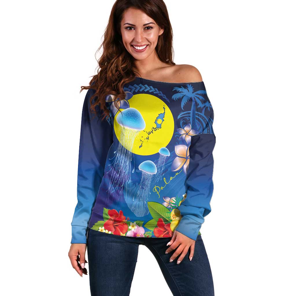 Palau Jellyfish Off Shoulder Sweater Ocean Heritage Tropical Plants LT03 Women Blue - Polynesian Pride