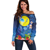 Palau Jellyfish Off Shoulder Sweater Ocean Heritage Tropical Plants LT03 Women Blue - Polynesian Pride