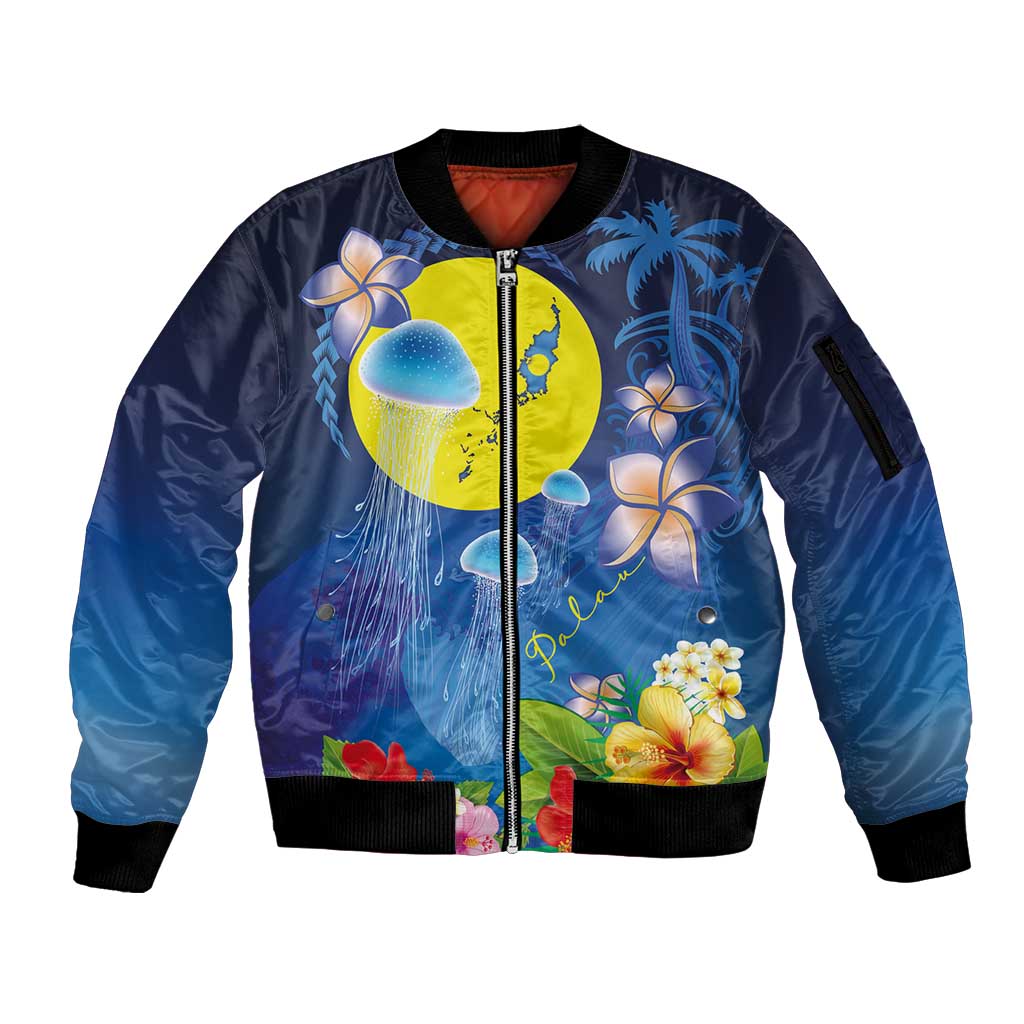 Palau Jellyfish Sleeve Zip Bomber Jacket Ocean Heritage Tropical Plants LT03 Unisex Blue - Polynesian Pride