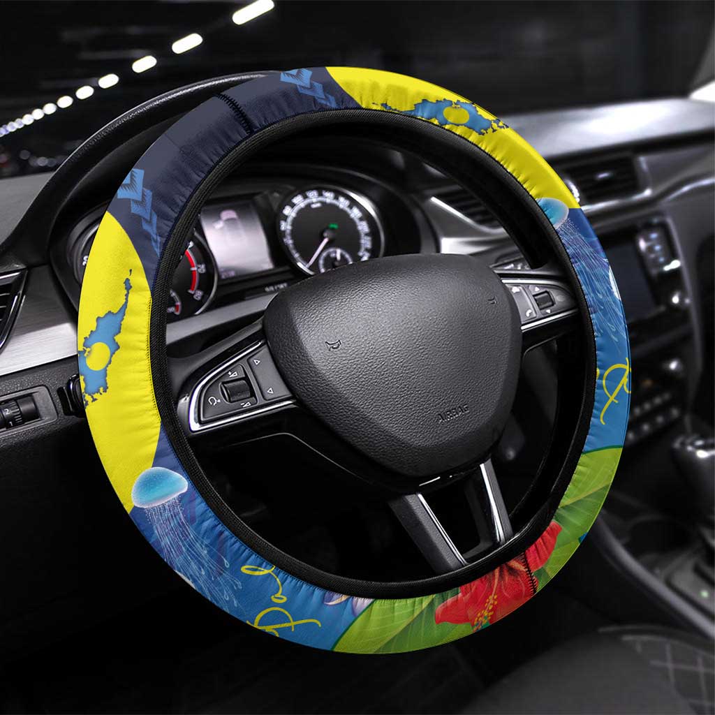 Palau Jellyfish Steering Wheel Cover Ocean Heritage Tropical Plants LT03 Universal Fit Blue - Polynesian Pride