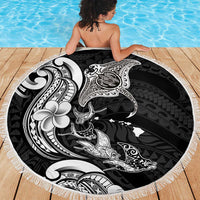 Hawaiian Manta Rays Beach Blanket Tribal Hibiscus Polynesian Tattoos Black Color LT03 - Polynesian Pride