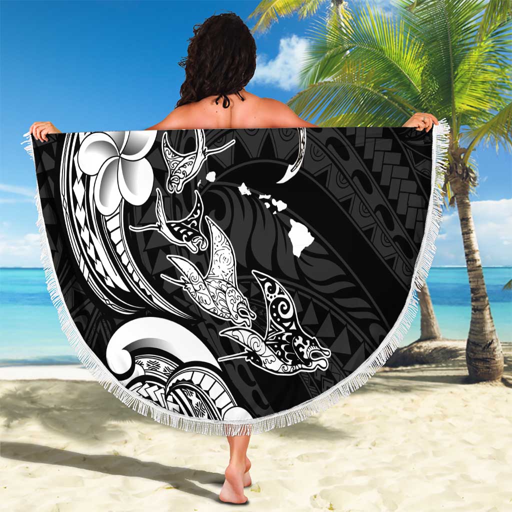 Hawaiian Manta Rays Beach Blanket Tribal Hibiscus Polynesian Tattoos Black Color LT03 - Polynesian Pride