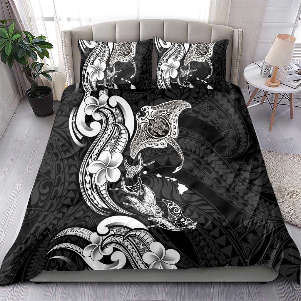 Hawaiian Manta Rays Bedding Set Tribal Hibiscus Polynesian Tattoos Black Color LT03 - Polynesian Pride