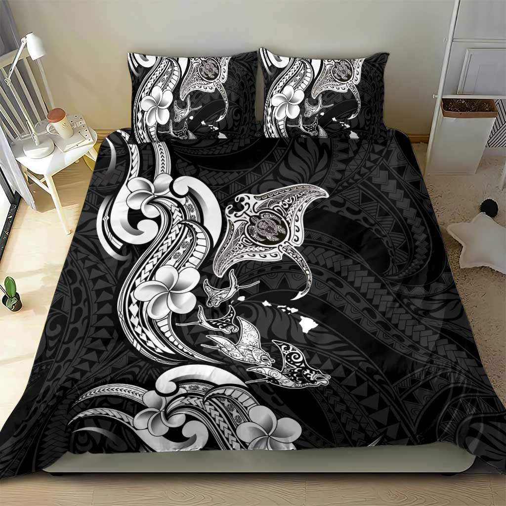 Hawaiian Manta Rays Bedding Set Tribal Hibiscus Polynesian Tattoos Black Color LT03 - Polynesian Pride