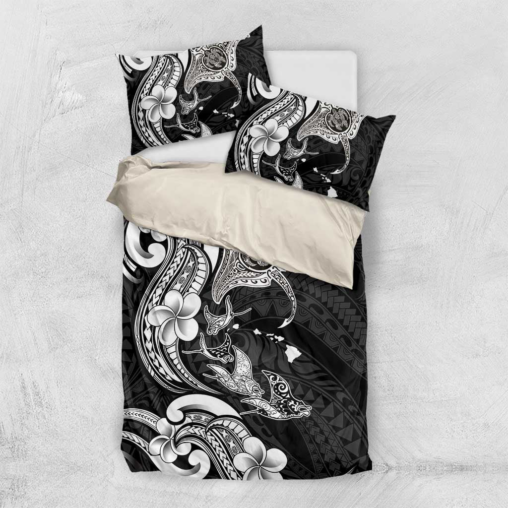 Hawaiian Manta Rays Bedding Set Tribal Hibiscus Polynesian Tattoos Black Color LT03 US Twin 172cm x 218cm Black - Polynesian Pride