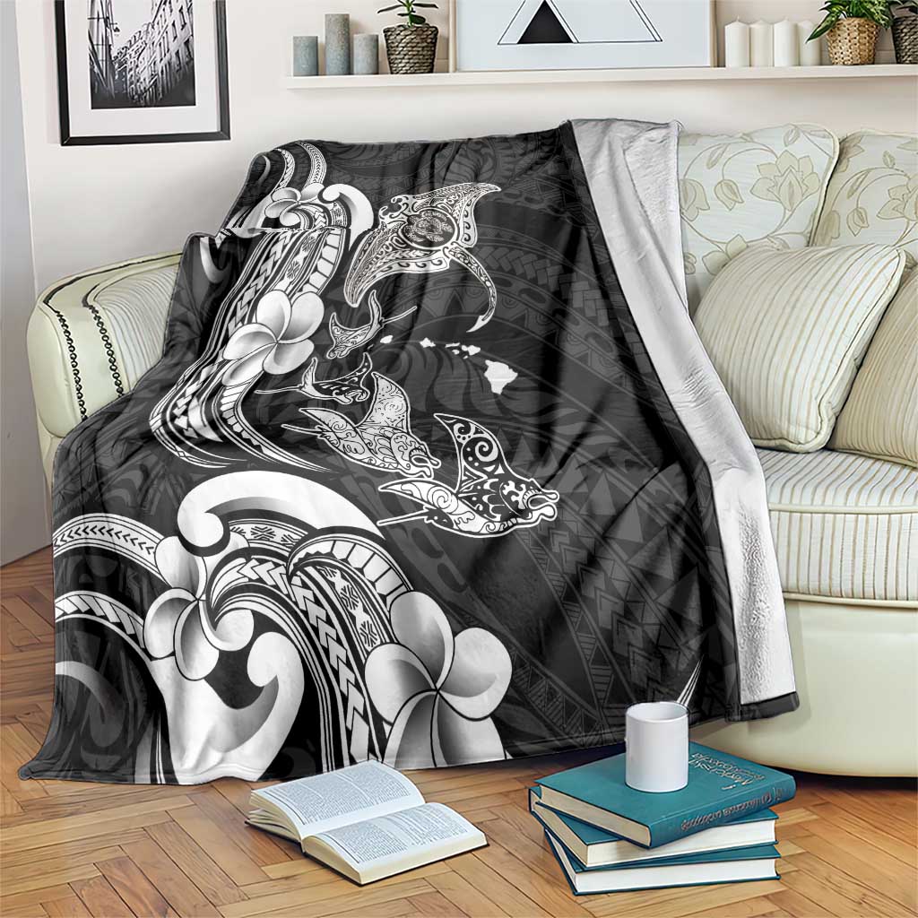 Hawaiian Manta Rays Blanket Tribal Hibiscus Polynesian Tattoos Black Color LT03 Black - Polynesian Pride