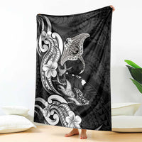 Hawaiian Manta Rays Blanket Tribal Hibiscus Polynesian Tattoos Black Color LT03 - Polynesian Pride