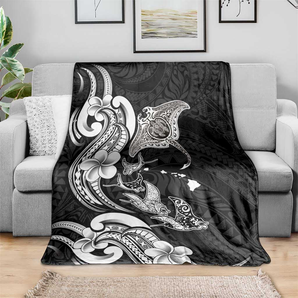 Hawaiian Manta Rays Blanket Tribal Hibiscus Polynesian Tattoos Black Color LT03 - Polynesian Pride
