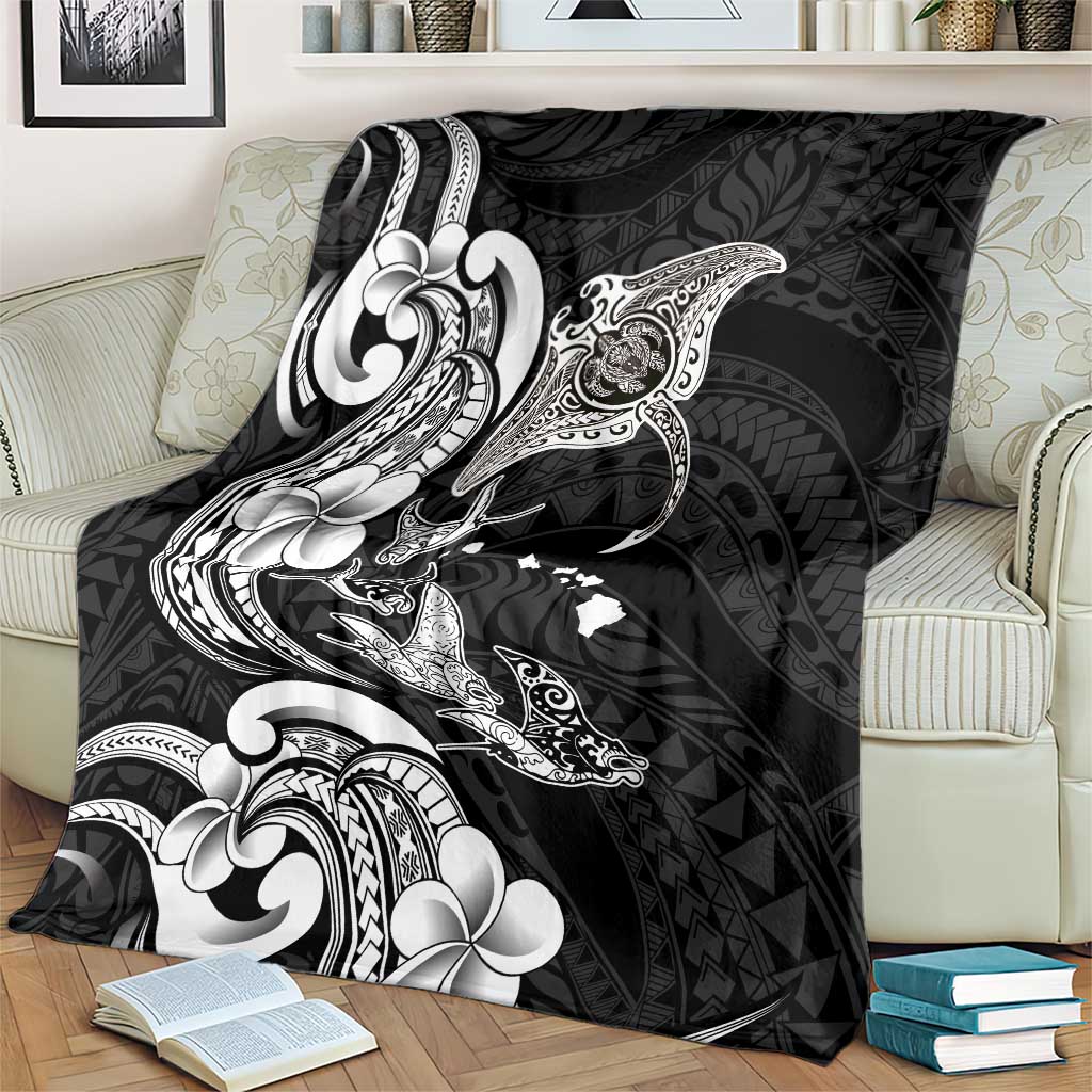 Hawaiian Manta Rays Blanket Tribal Hibiscus Polynesian Tattoos Black Color LT03 - Polynesian Pride