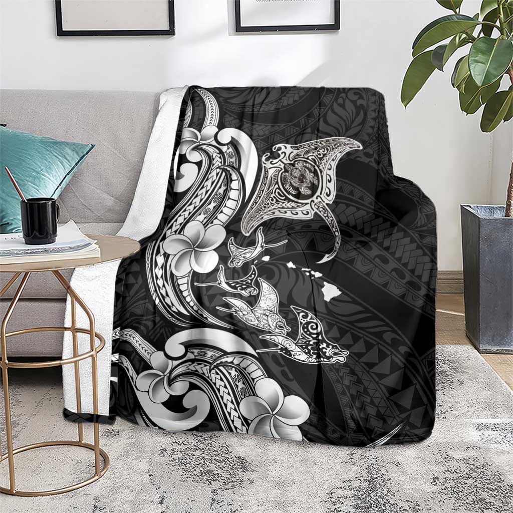 Hawaiian Manta Rays Blanket Tribal Hibiscus Polynesian Tattoos Black Color LT03 - Polynesian Pride