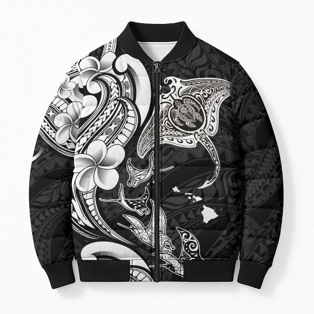 Hawaiian Manta Rays Bomber Puffer Jacket Tribal Hibiscus Polynesian Tattoos Black Color LT03 Unisex Black - Polynesian Pride