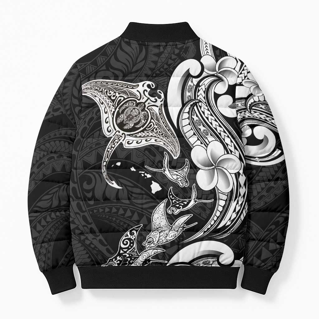 Hawaiian Manta Rays Bomber Puffer Jacket Tribal Hibiscus Polynesian Tattoos Black Color LT03 - Polynesian Pride
