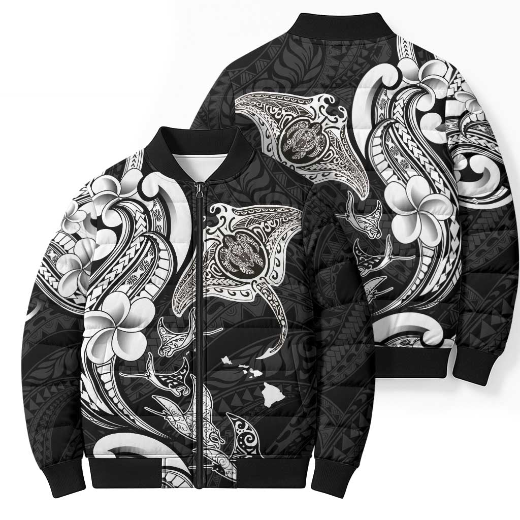 Hawaiian Manta Rays Bomber Puffer Jacket Tribal Hibiscus Polynesian Tattoos Black Color LT03 - Polynesian Pride