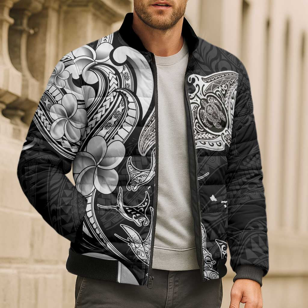 Hawaiian Manta Rays Bomber Puffer Jacket Tribal Hibiscus Polynesian Tattoos Black Color LT03 - Polynesian Pride