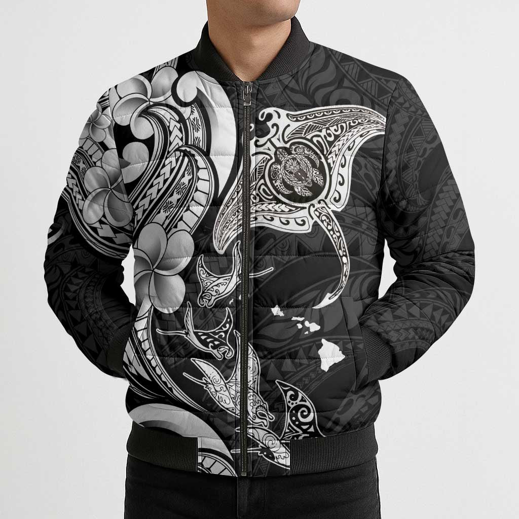 Hawaiian Manta Rays Bomber Puffer Jacket Tribal Hibiscus Polynesian Tattoos Black Color LT03 - Polynesian Pride