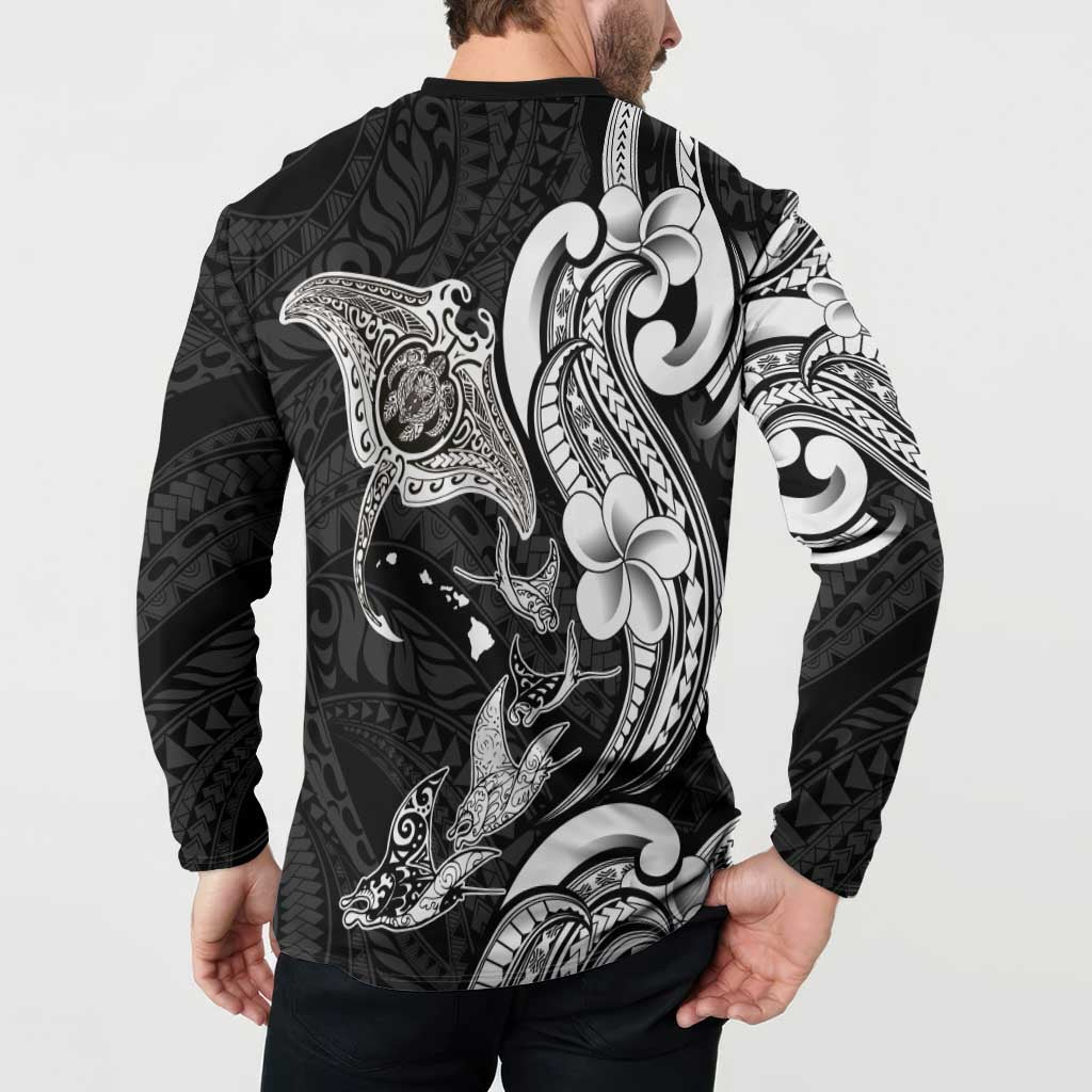 Hawaiian Manta Rays Button Sweatshirt Tribal Hibiscus Polynesian Tattoos Black Color LT03 - Polynesian Pride