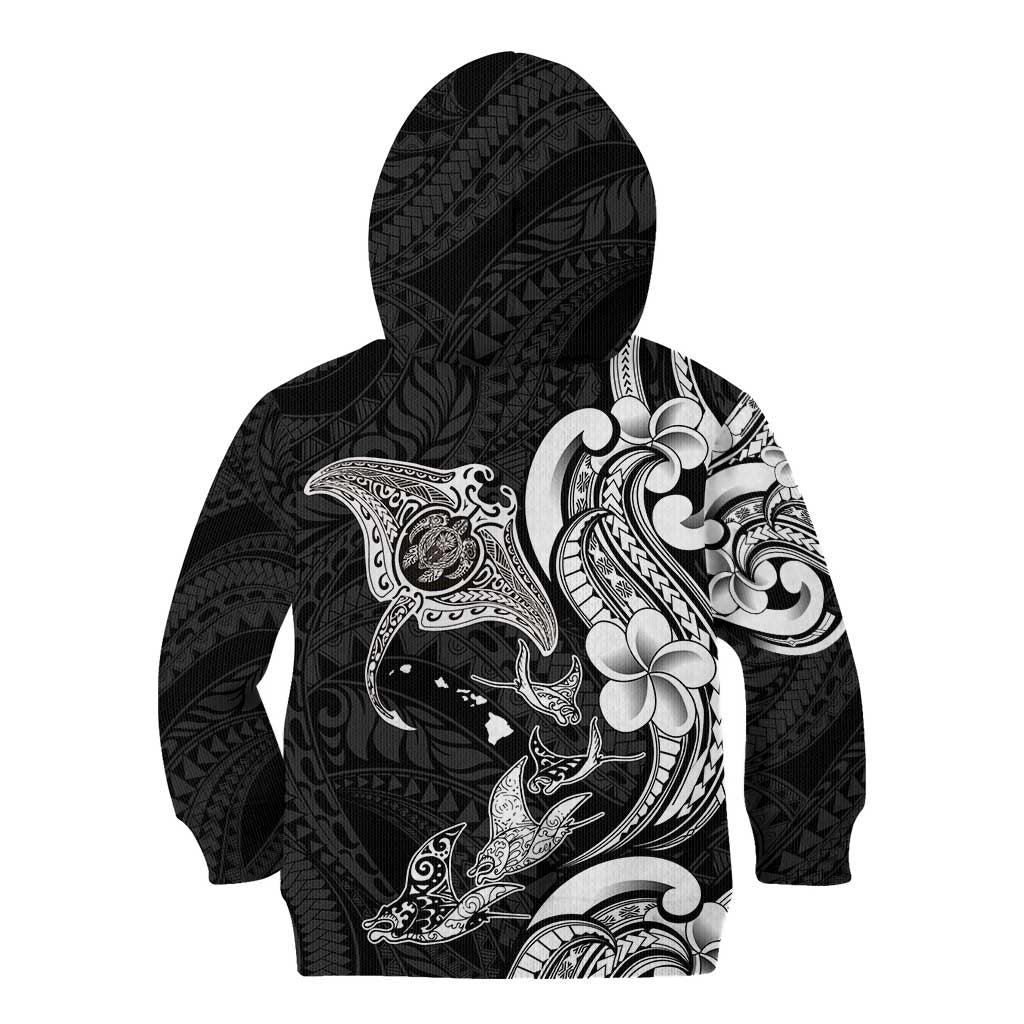 Hawaiian Manta Rays Kid Hoodie Tribal Hibiscus Polynesian Tattoos Black Color LT03 - Polynesian Pride