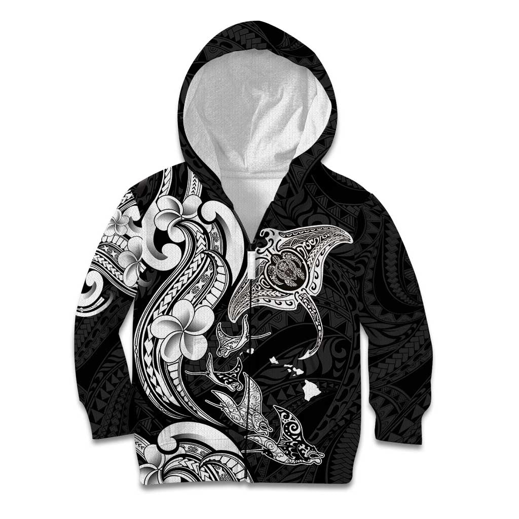 Hawaiian Manta Rays Kid Hoodie Tribal Hibiscus Polynesian Tattoos Black Color LT03 Zip Hoodie Black - Polynesian Pride