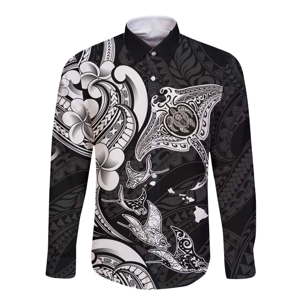 Hawaiian Manta Rays Long Sleeve Button Shirt Tribal Hibiscus Polynesian Tattoos Black Color LT03 Unisex Black - Polynesian Pride